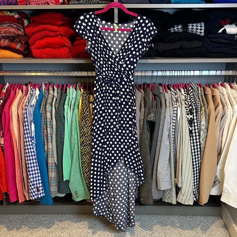 Grecerelle navy/white polka dot hi low v neck belted maxi dress size S